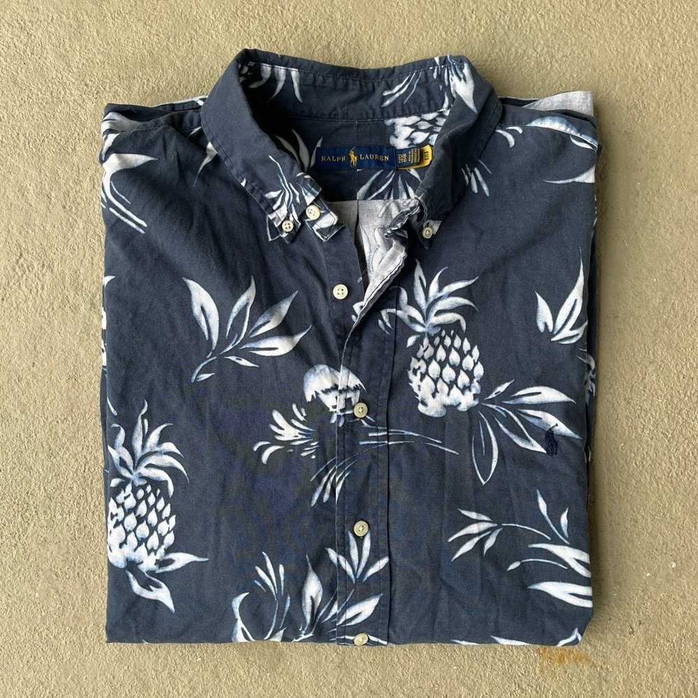 Polo Ralph Lauren Mens 2XB Pineapple Print Cotton Linen Short Sleeve Shirt Navy